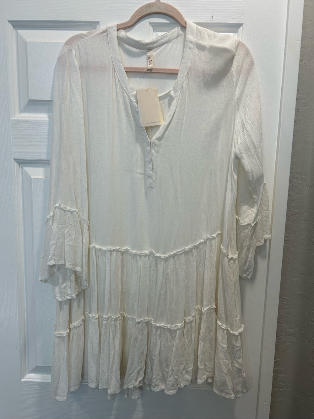 Elan Cream Long Sleeve Tiered V-Neck Coverup/Dress